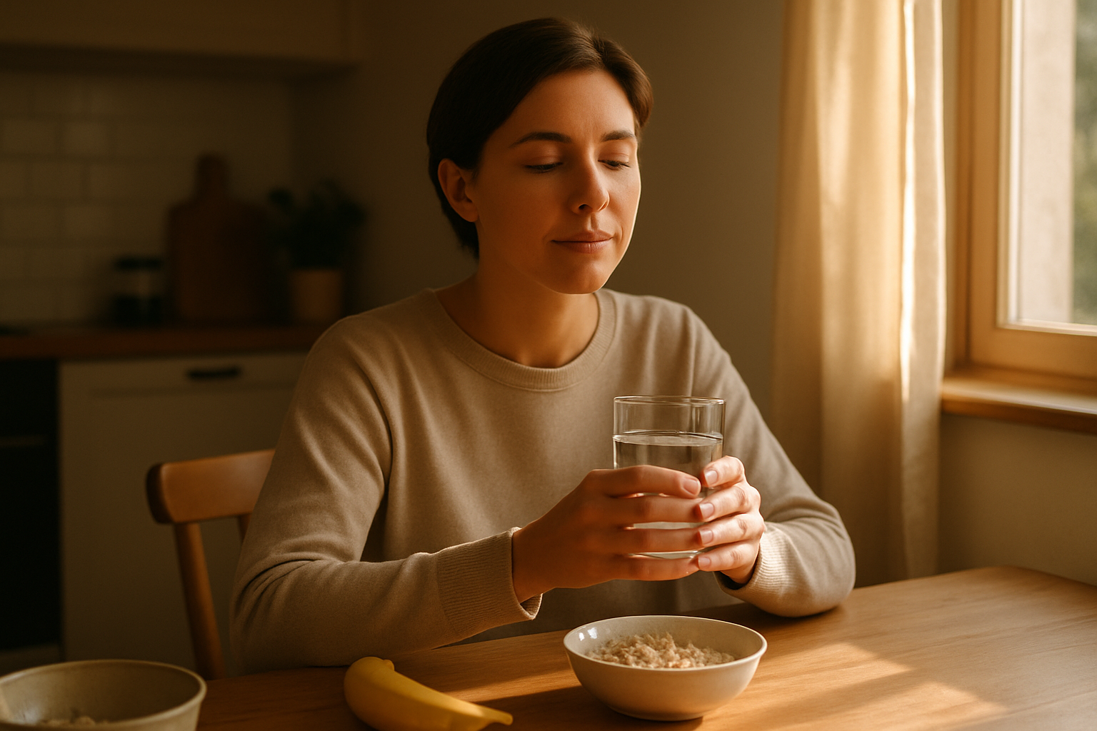 Person sitting calmly at a table with a glass of water, representing mindful eating and stress-free digestion