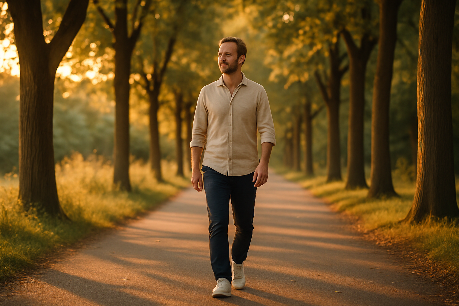 Person walking after eating to speed up digestion and support gut health in the evening light