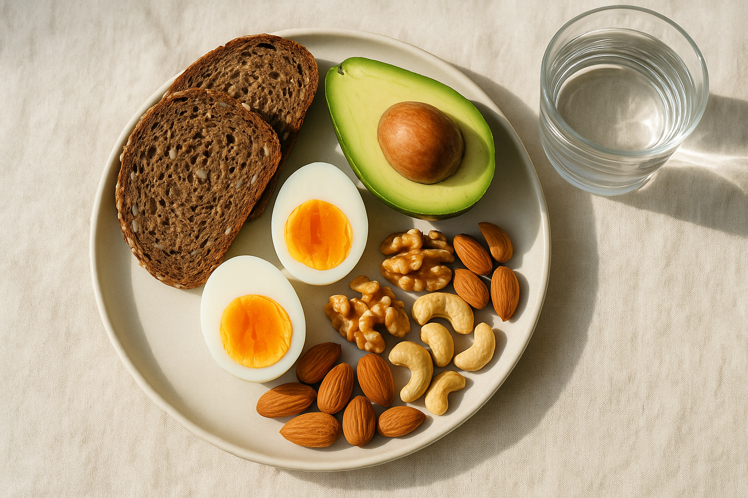 Healthy calorie-dense meal for weight gain with water placed to the side