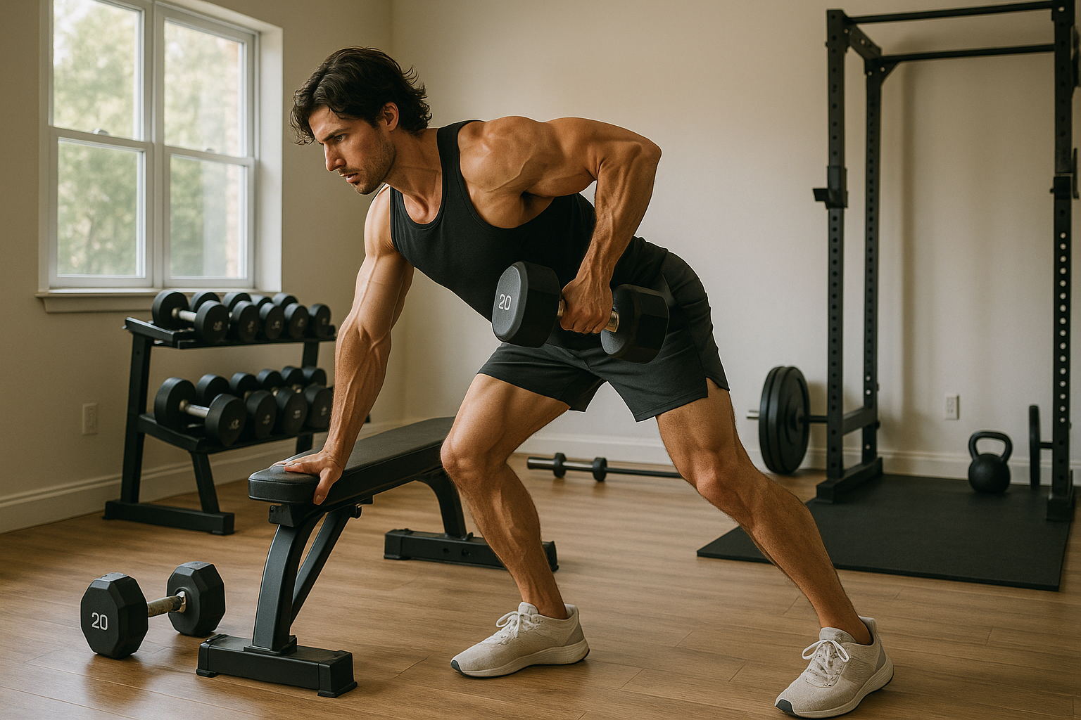 Person doing resistance training at home gym to support weight loss and preserve lean muscle mass