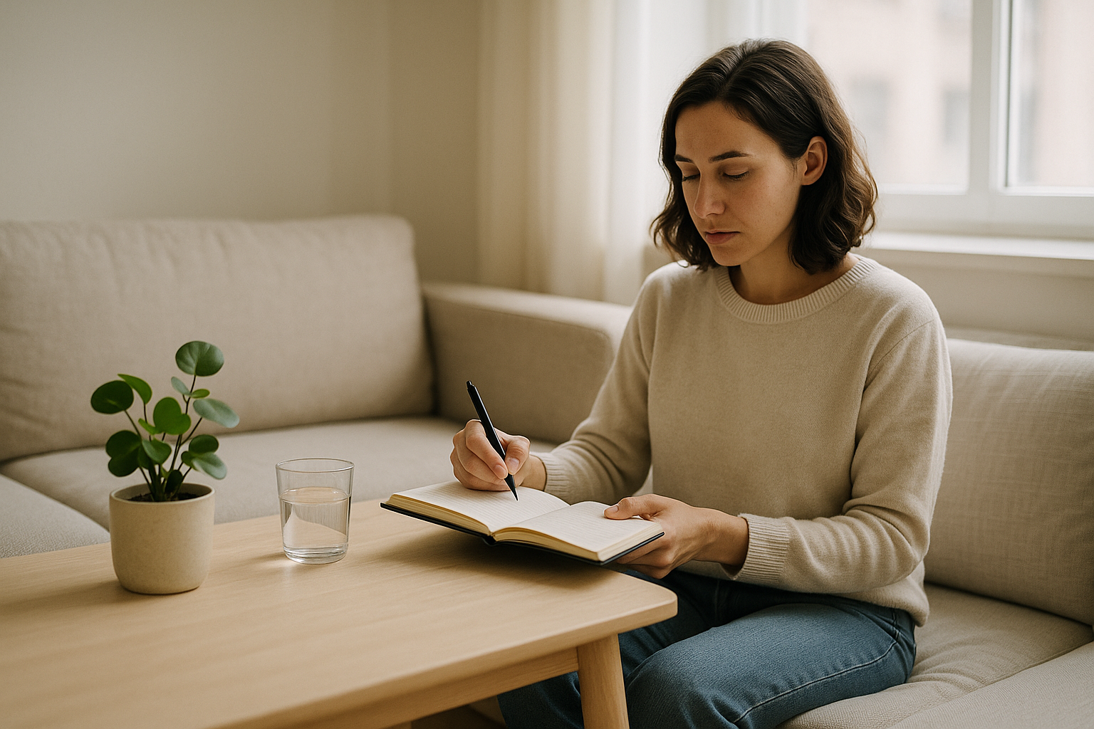 Person journaling about emotional health and wellbeing during a weight loss journey in a bright room