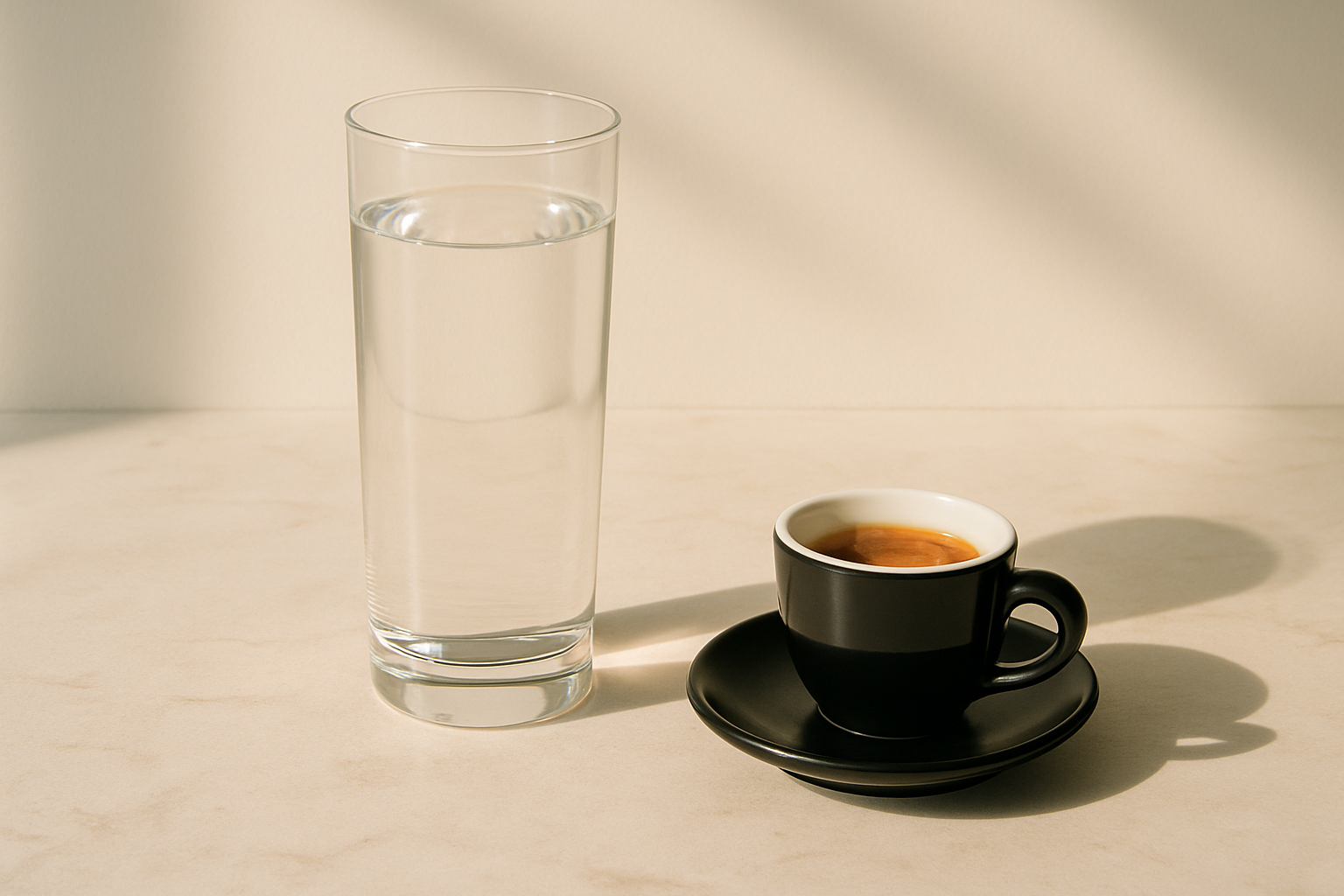 A glass of water and black coffee on a marble surface representing hydration and metabolism benefits for weight loss