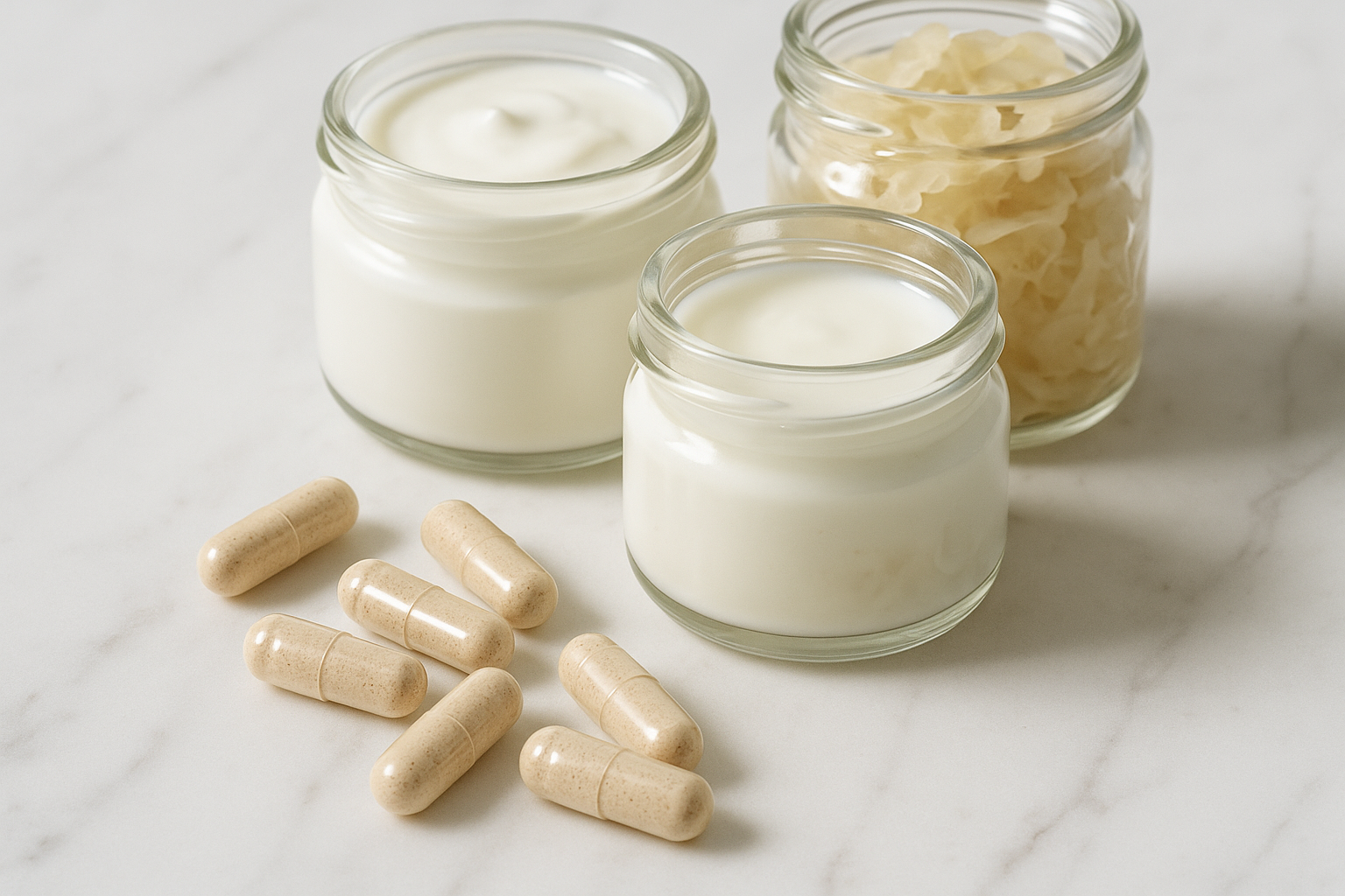 Probiotic supplements and fermented foods including yoghurt, kefir and sauerkraut on a white marble surface