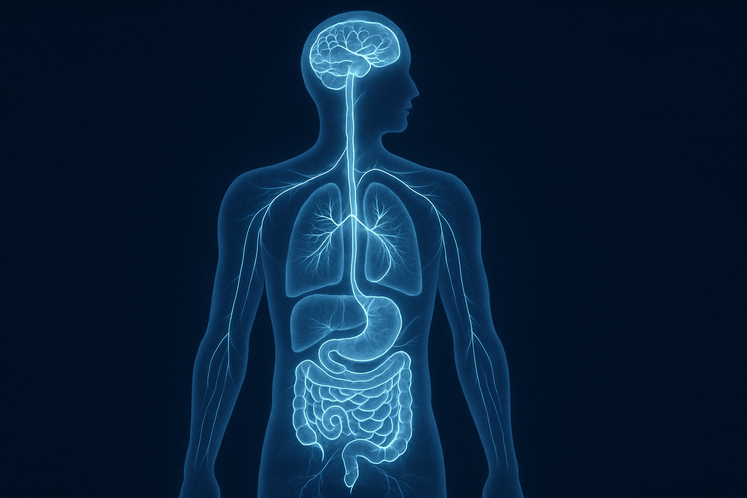 Anatomical illustration of the gut-brain axis showing gut microbiota communicating with the brain and organs