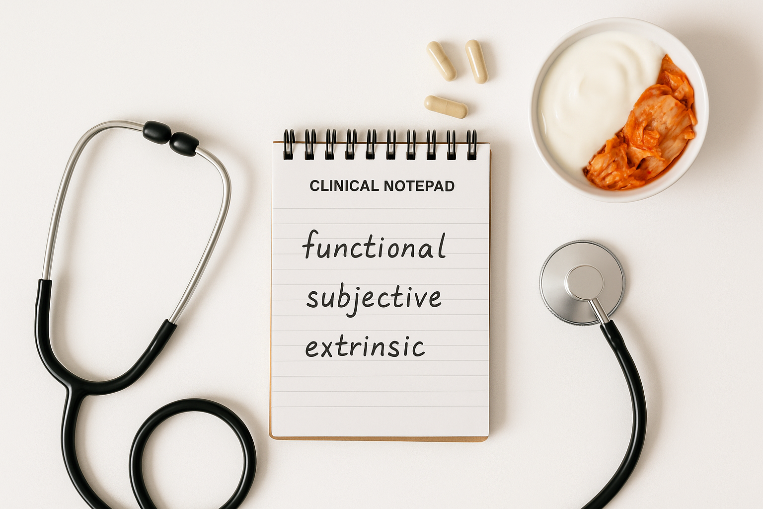 Clinical notepad showing the three domains of gut health — functional, subjective, and extrinsic — with probiotics and fermented foods