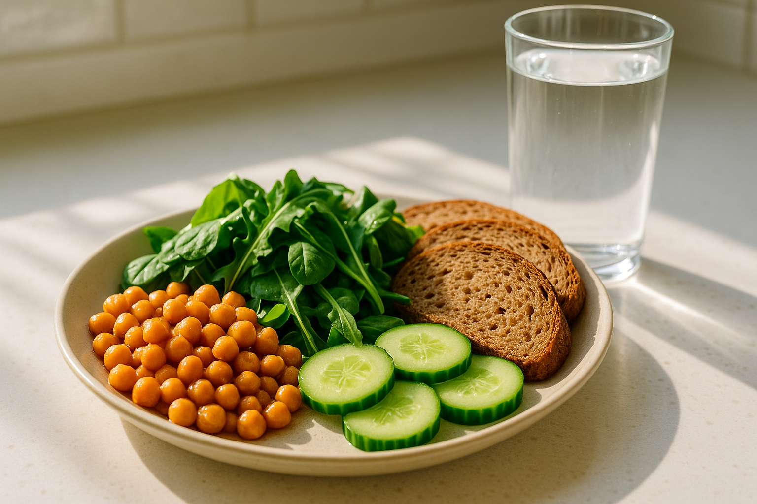 High-fiber meal with a glass of water — pairing fiber and hydration for healthy digestion