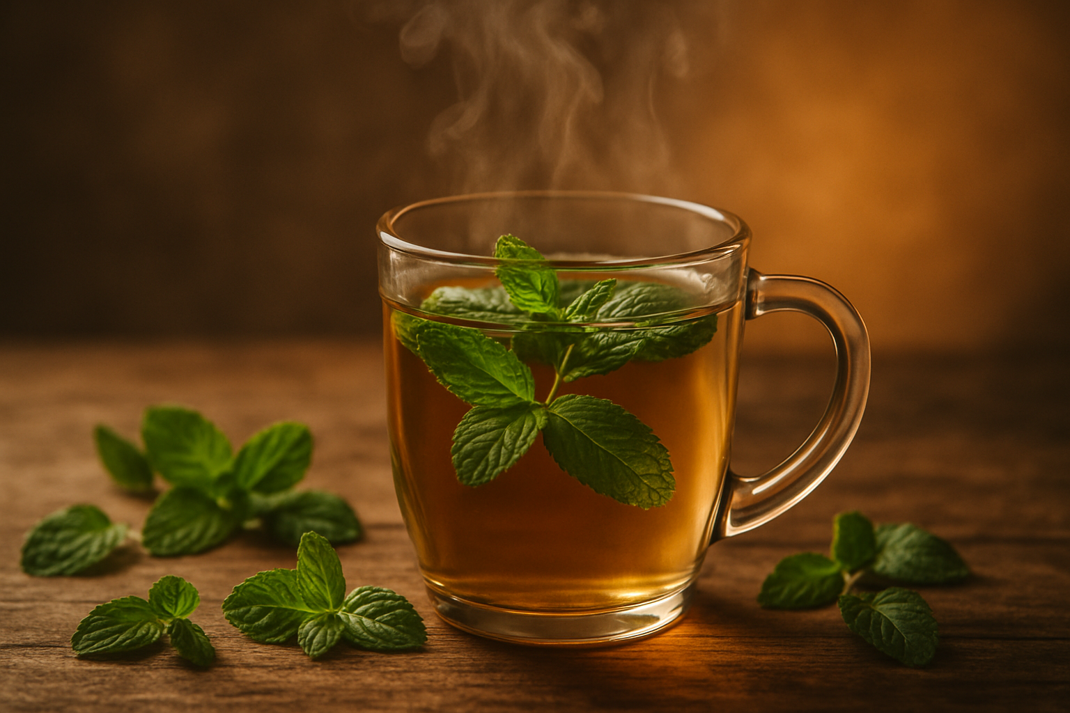 Steaming peppermint tea in a glass mug — natural digestive remedy for post-meal discomfort