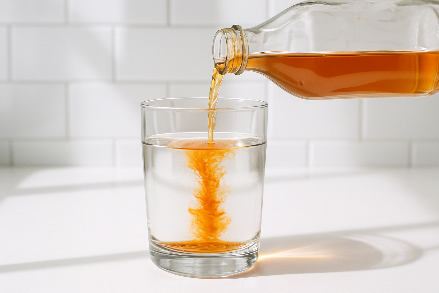 Apple cider vinegar being diluted in a glass of water — a digestive aid among foods that aid digestion
