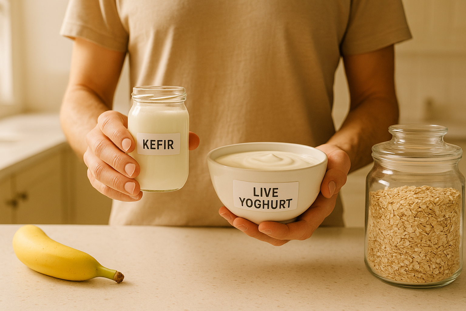 Probiotic foods including kefir, live yoghurt, oats, and banana to support gut microbiome and improve gut health.