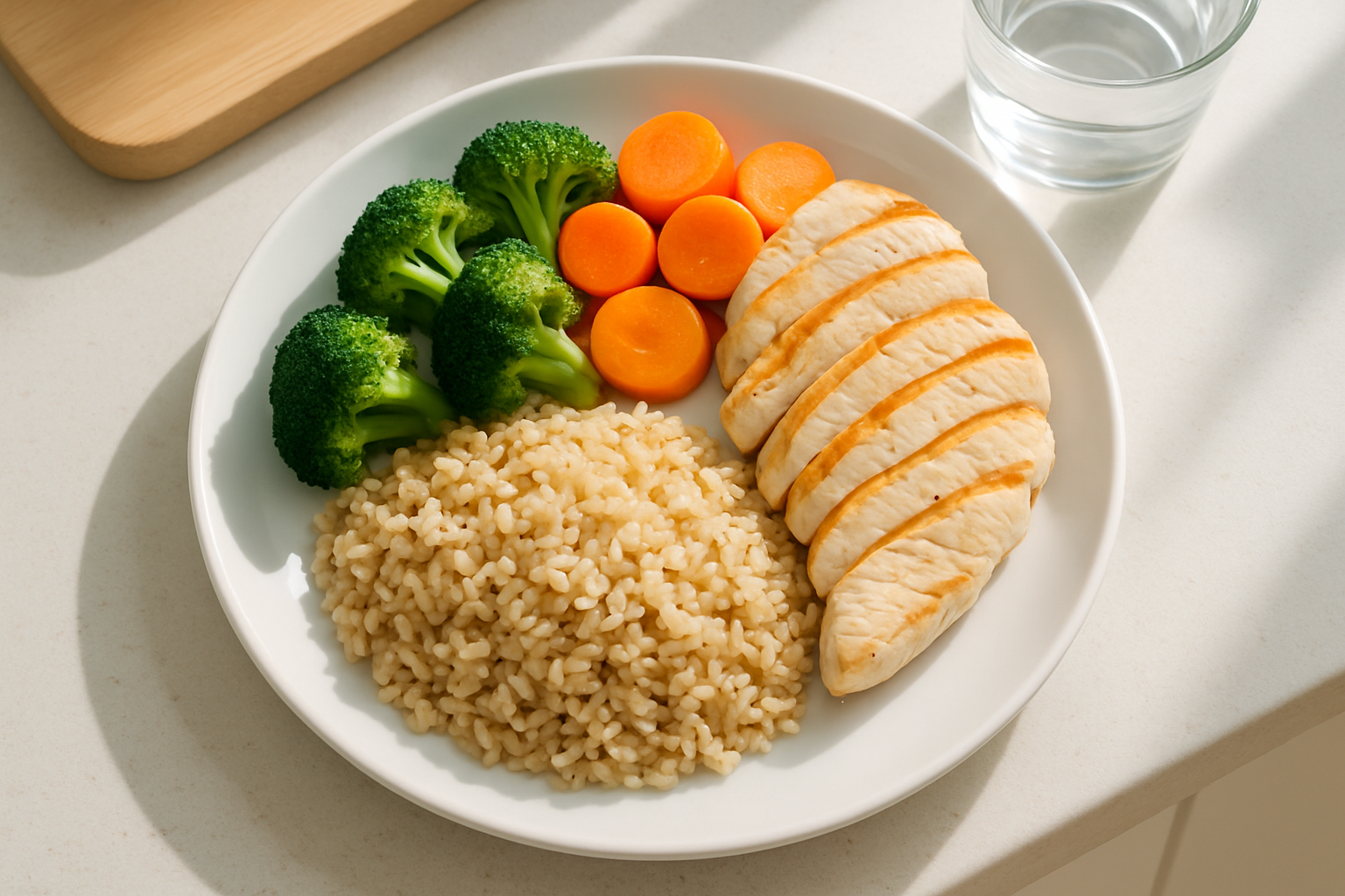 Balanced portioned meal on a white plate showing how to avoid overeating with planned nutrition