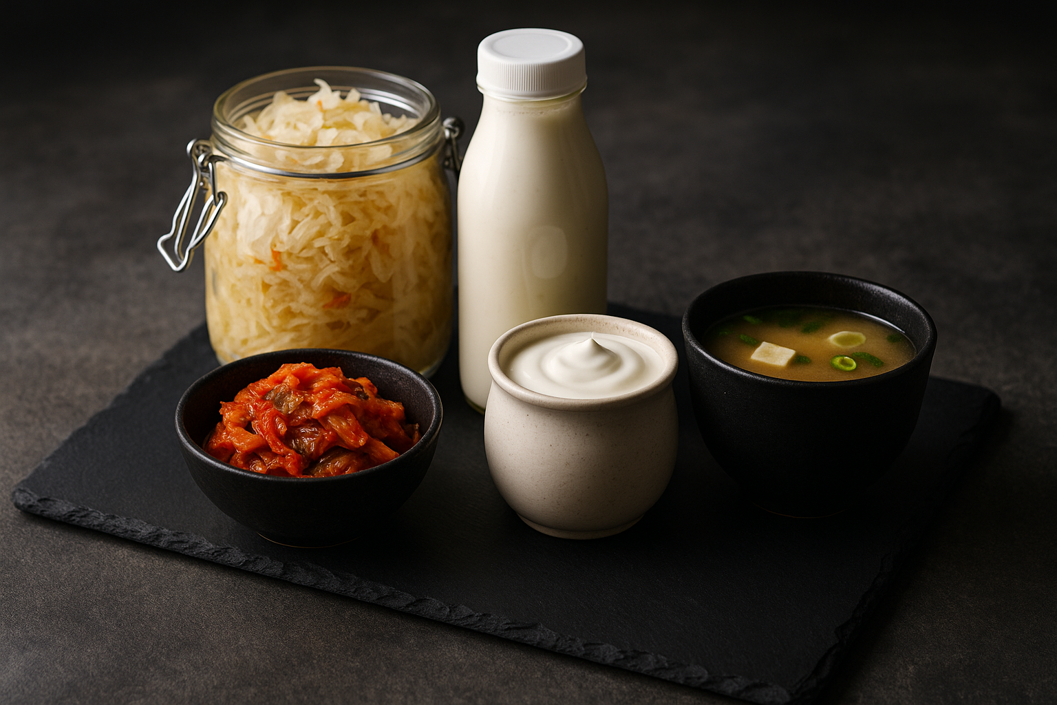 Fermented foods for gut health including kefir, sauerkraut, kimchi, live yoghurt and miso on a slate board