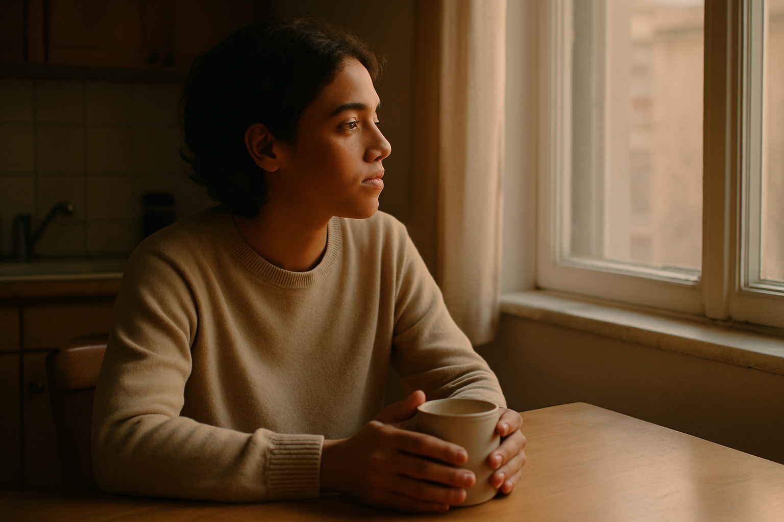 Person sitting mindfully at a kitchen table illustrating the mental health and weight loss diet connection