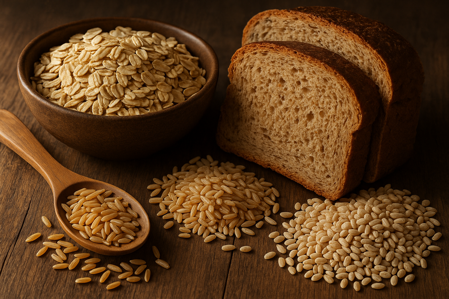 Whole grain foods including oats bread and barley representing quality carbohydrate choices for weight loss