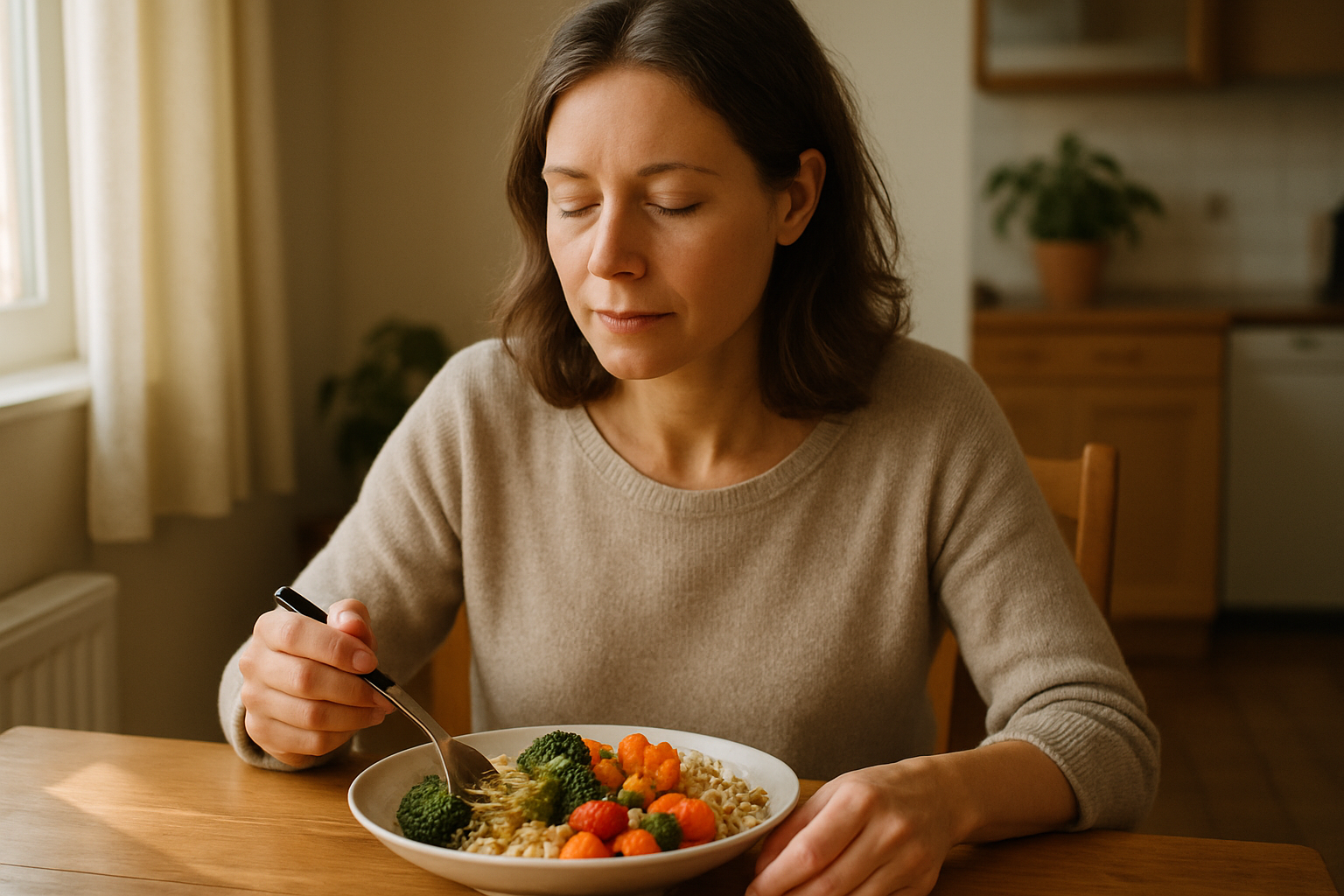 Woman eating mindfully without screens — a key habit for weight loss and women's health