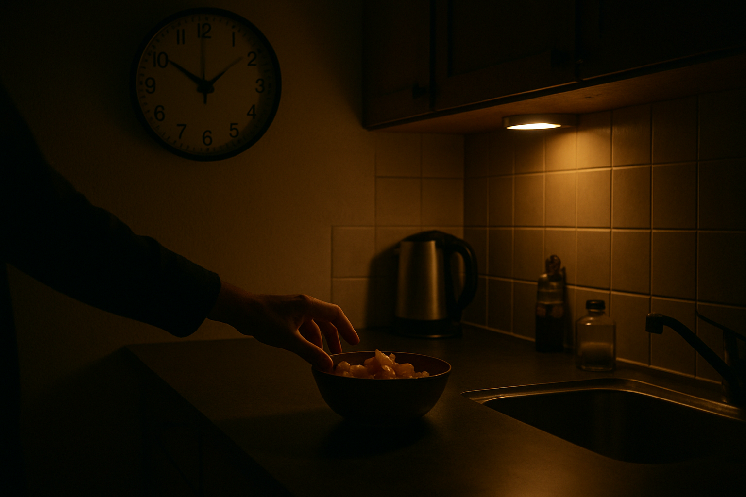 Person reaching for late night snacks in a dark kitchen highlighting how evening eating impacts weight loss tips