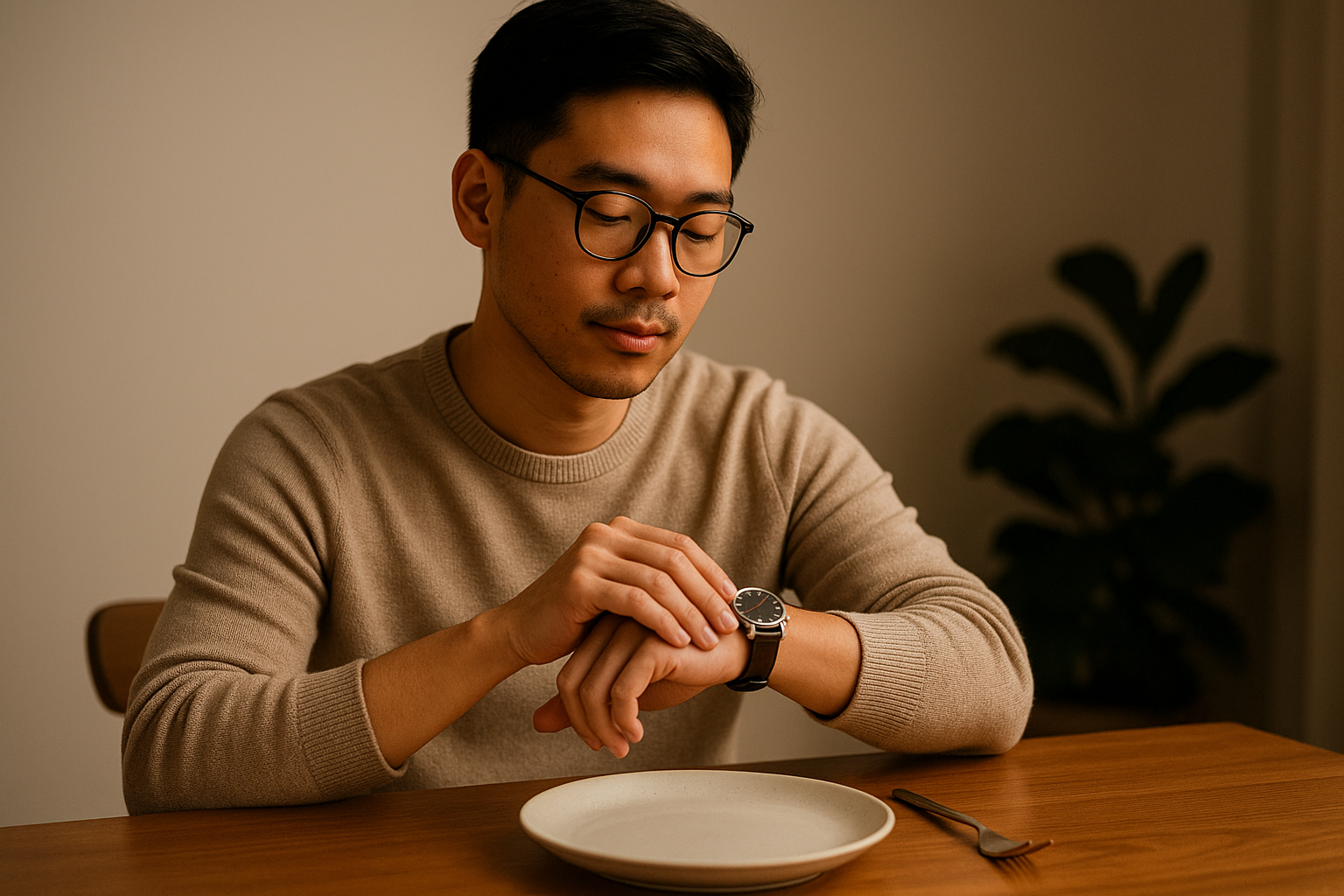 Person checking watch at dining table with empty plate representing intermittent fasting as a science-backed weight loss tip
