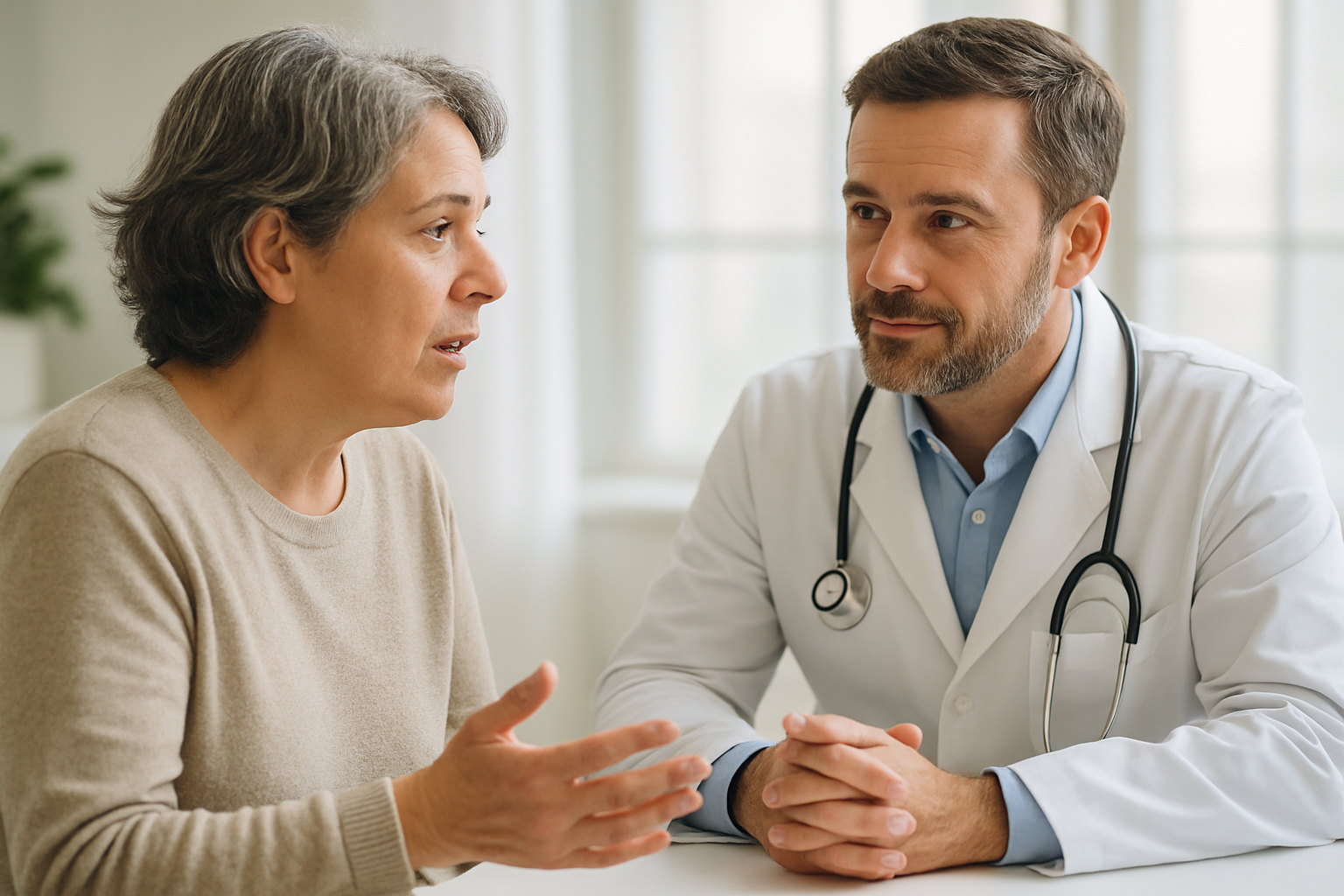Patient consulting a doctor about fluid intake and digestion with water on the desk