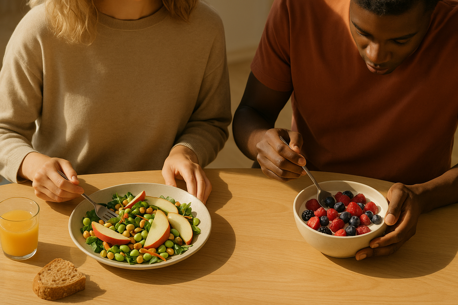 Two people eating different gut health foods, illustrating how diet affects individuals differently based on gut microbiota