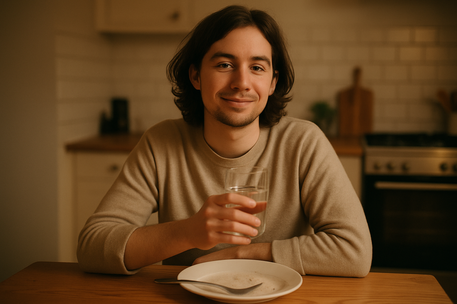 Person relaxed after a meal holding a glass of water, representing improved digestion from consistent hydration habits