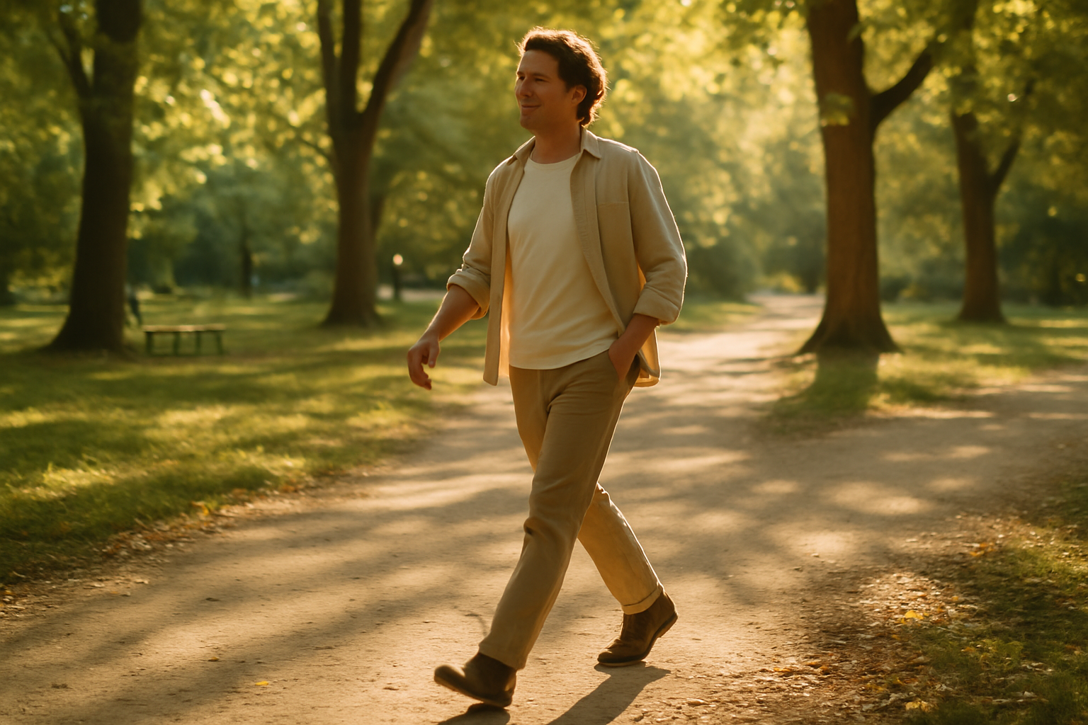 Person walking on a sunlit path after eating — light exercise to speed up digestion after eating