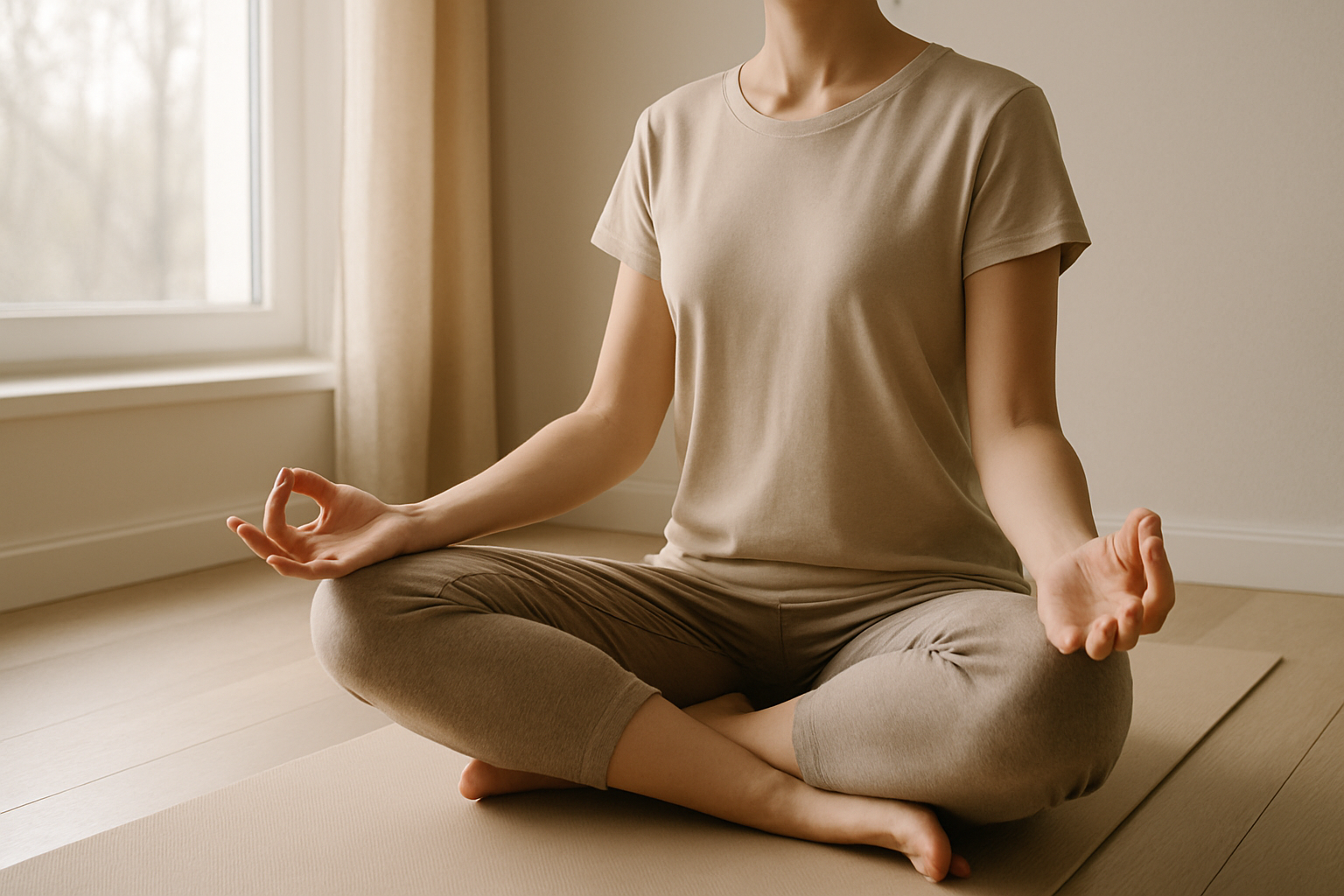 Person practising deep breathing on a yoga mat — stress reduction technique that supports digestion and gut health