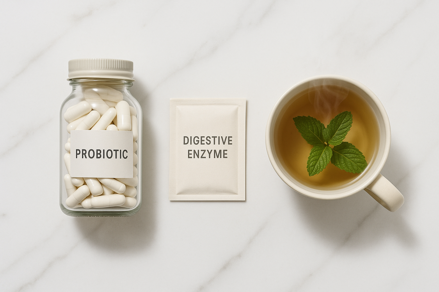 Probiotic supplements, digestive enzymes and peppermint tea as tools to speed up digestion after eating