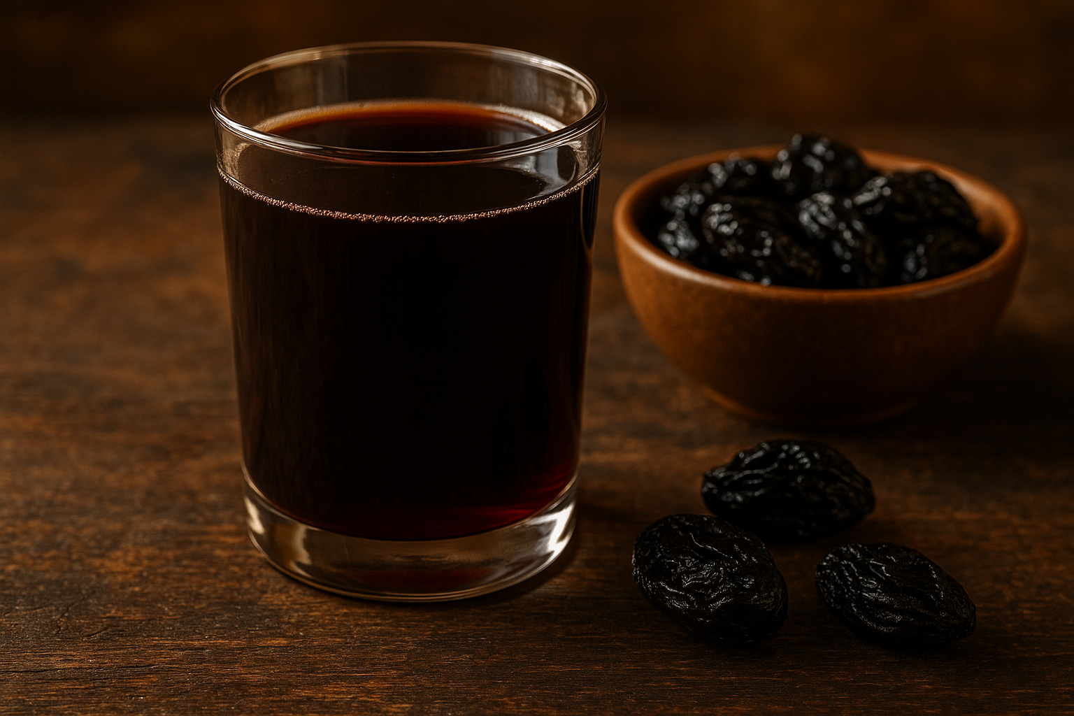 Glass of prune juice beside dried prunes, one of the most effective drinks for digestion and bowel regularity