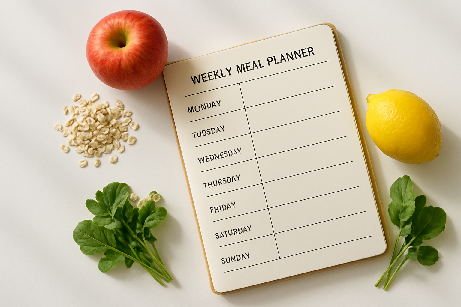 A weekly meal planner notebook surrounded by gut-friendly whole foods for a tummy-friendly diet