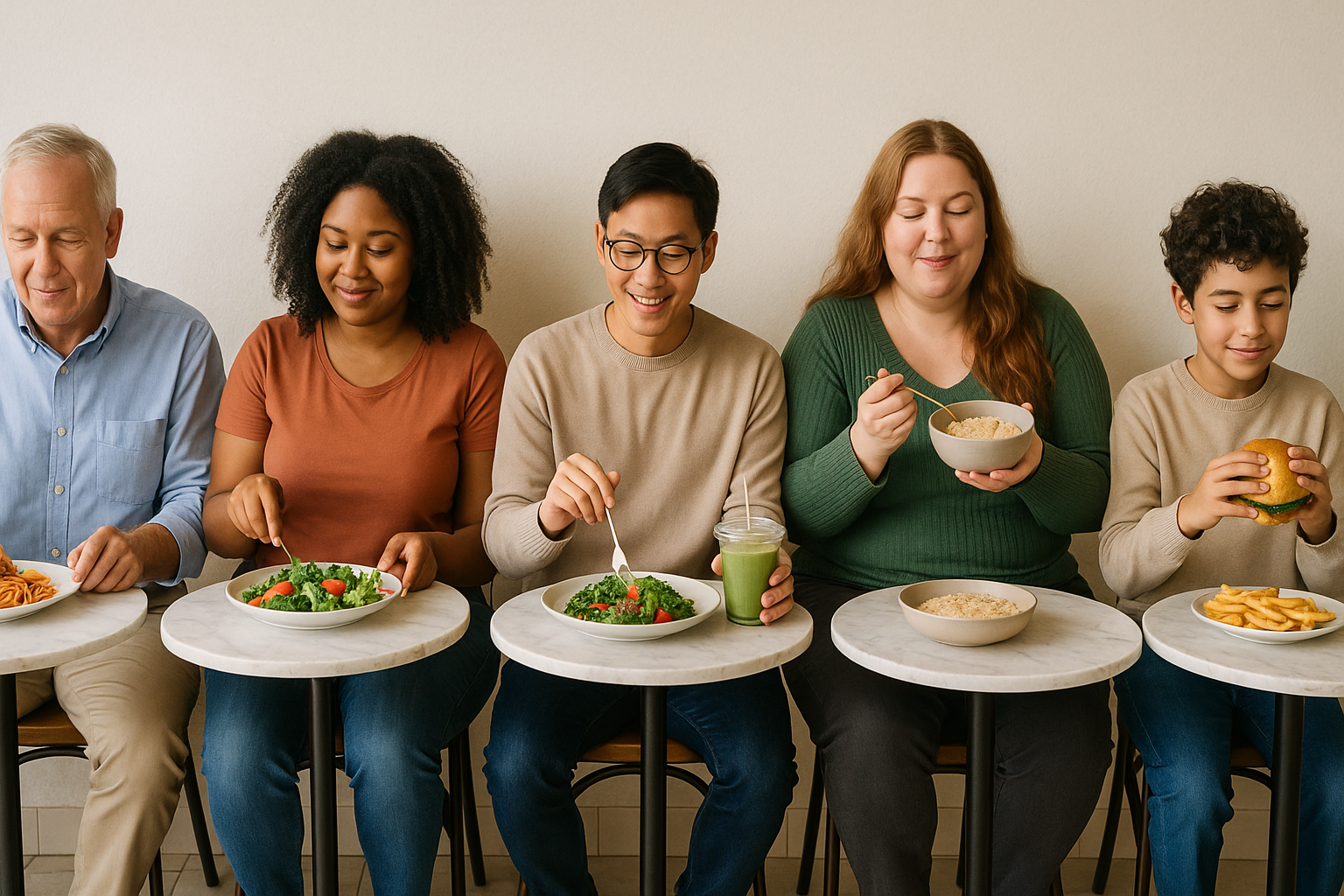 Diverse individuals eating different meals representing individualised weight loss diet approaches