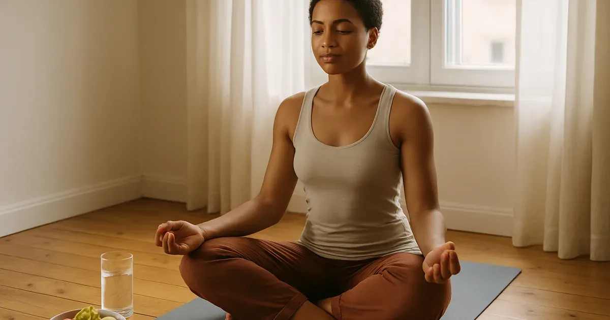 Person meditating as a healthy stress management strategy to reduce junk food addiction cravings