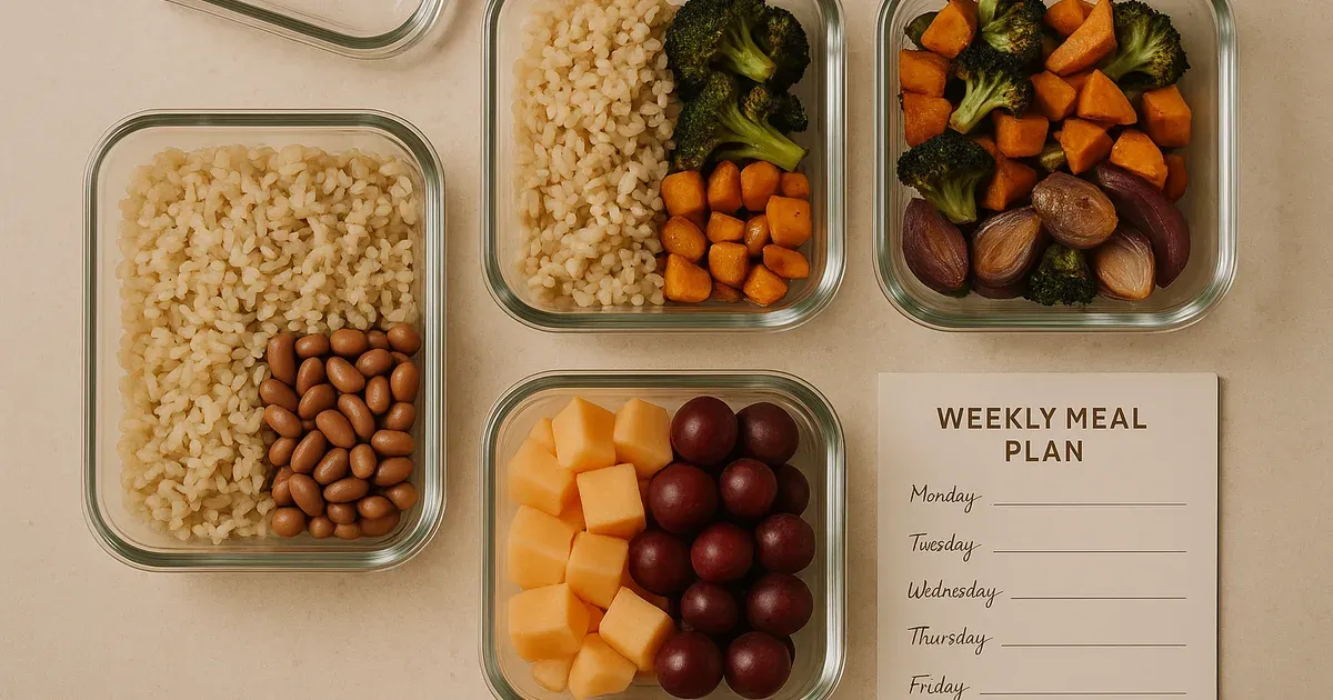 Meal prep containers with healthy whole foods as a strategy to overcome junk food addiction