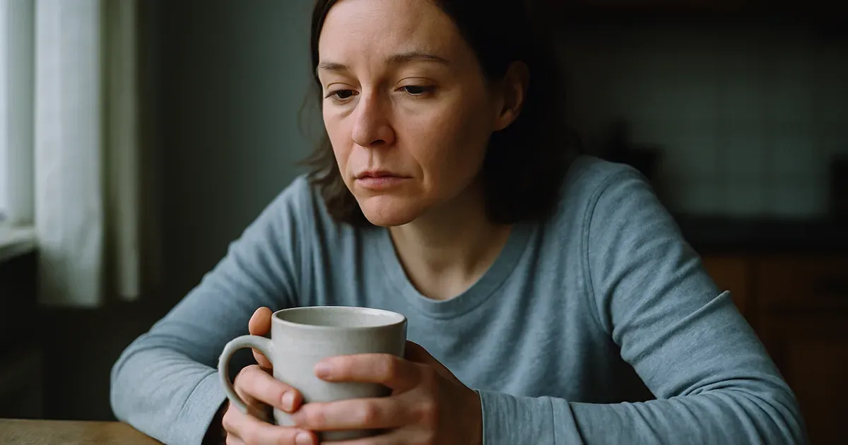 Tired woman in her 40s holding coffee, illustrating how poor sleep and stress hormones undermine weight loss after 40