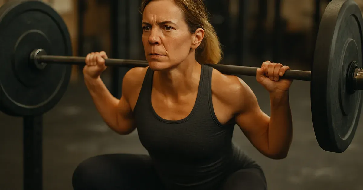 Woman over 40 performing a barbell squat in a gym, showing the importance of resistance training for losing weight after 40