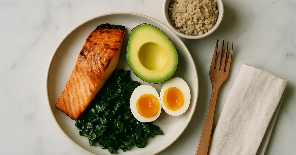 Healthy meal prep spread with salmon, greens, quinoa and avocado illustrating anti-inflammatory nutrition for weight loss after 40