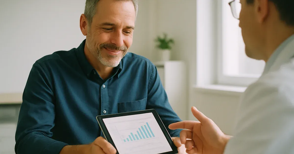 Man in his 40s reviewing body composition results with a clinician, illustrating medically guided weight loss after 40