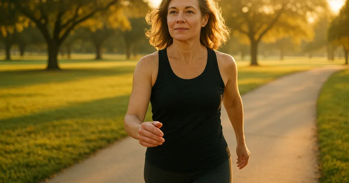 Woman in her 50s walking outdoors as part of a weight loss routine — losing weight in your 50s