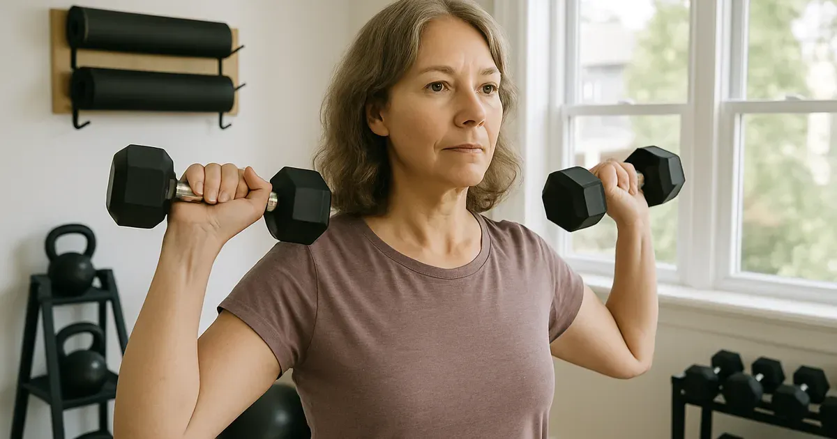 Woman over 50 doing strength training with dumbbells to build muscle and boost metabolism