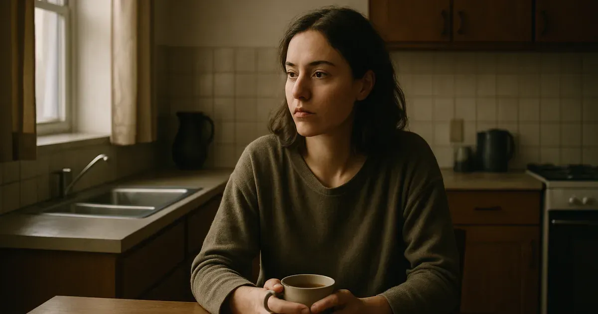 Woman sitting thoughtfully at kitchen table, representing emotional complexity of losing weight after eating disorder recovery