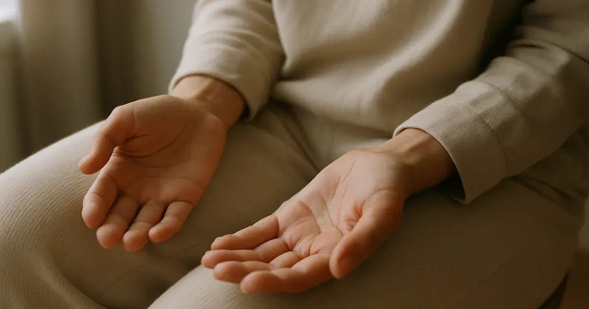Hands resting open in lap symbolising somatic awareness and nervous system regulation after eating disorder recovery