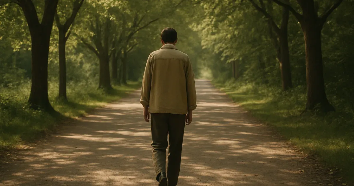 Person walking alone on a quiet tree-lined path, representing gentle movement and nervous system recovery after eating disorder