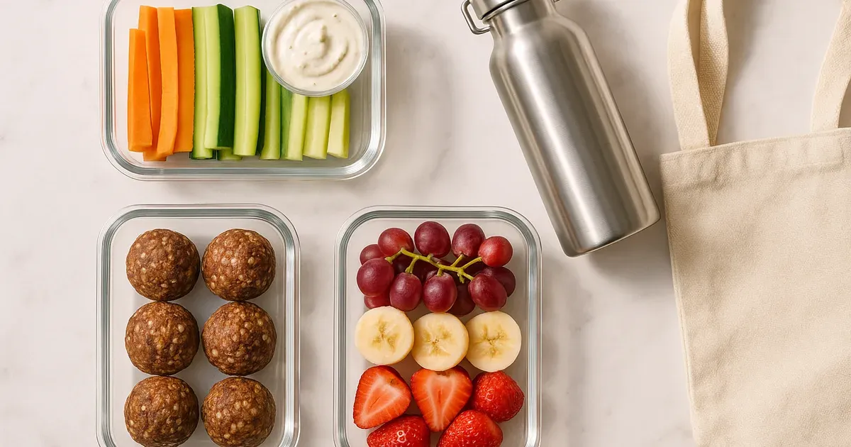 Meal prep containers filled with low FODMAP snacks including sliced vegetables, dip, energy balls, and fresh fruit ready for the week