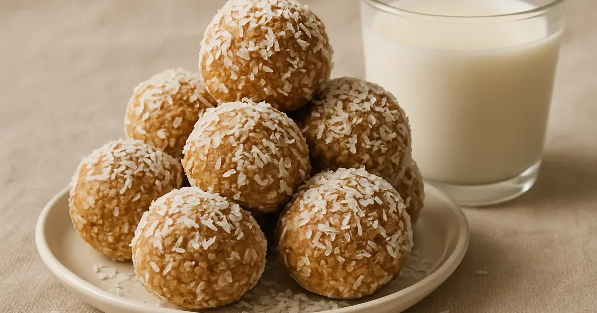 Homemade peanut butter oat energy balls on a white plate beside a glass of lactose-free milk — low FODMAP snacks