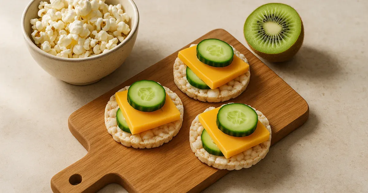 Gluten-free rice crackers with cheddar and cucumber, plain popcorn, and kiwi fruit arranged as low FODMAP snack options