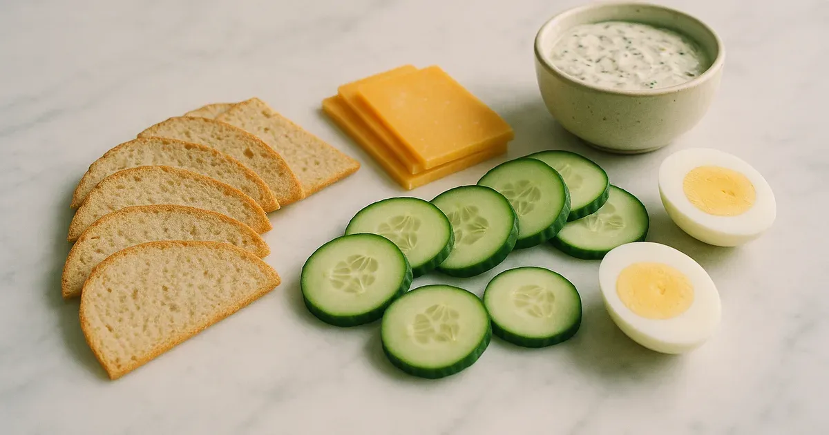 Low FODMAP snacks spread including sourdough crackers, cheese, cucumber, and hard-boiled eggs on a marble surface