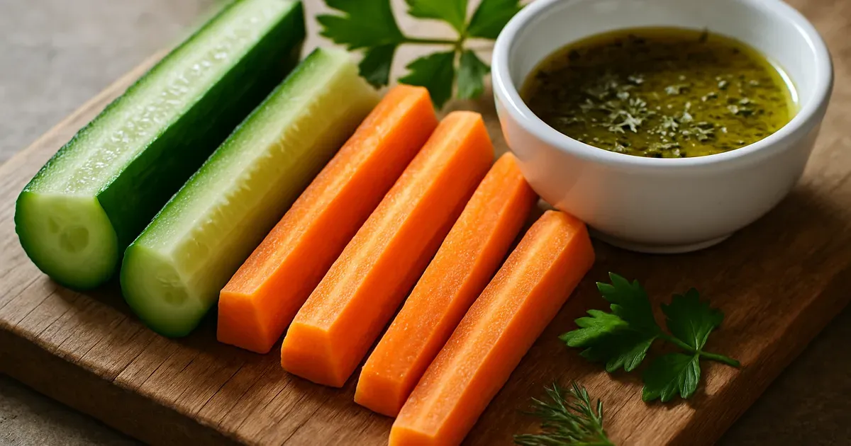 Sliced cucumber and carrots with olive oil herb dip, a low FODMAP snack option on a wooden board