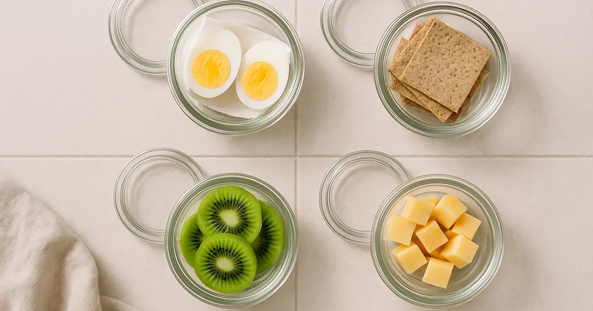 Meal prepped low FODMAP snacks in glass containers including eggs, crackers, and kiwi on a kitchen counter