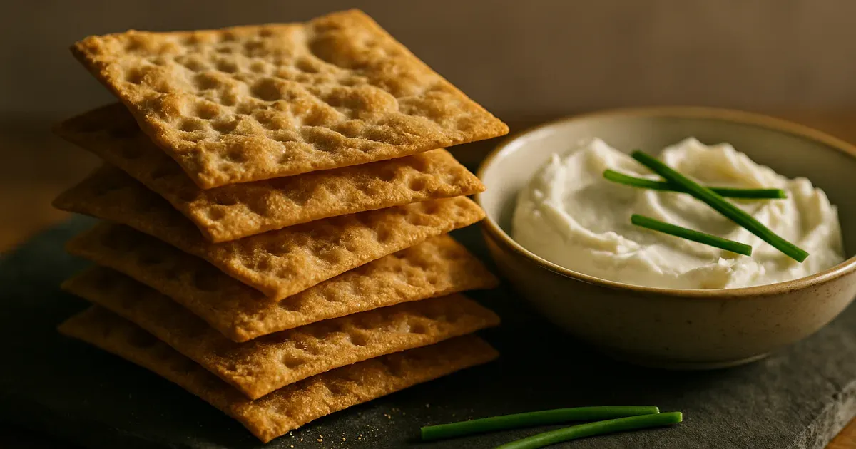 Fermented sourdough crackers stacked on a slate board with goat cheese dip, a low FODMAP friendly snack