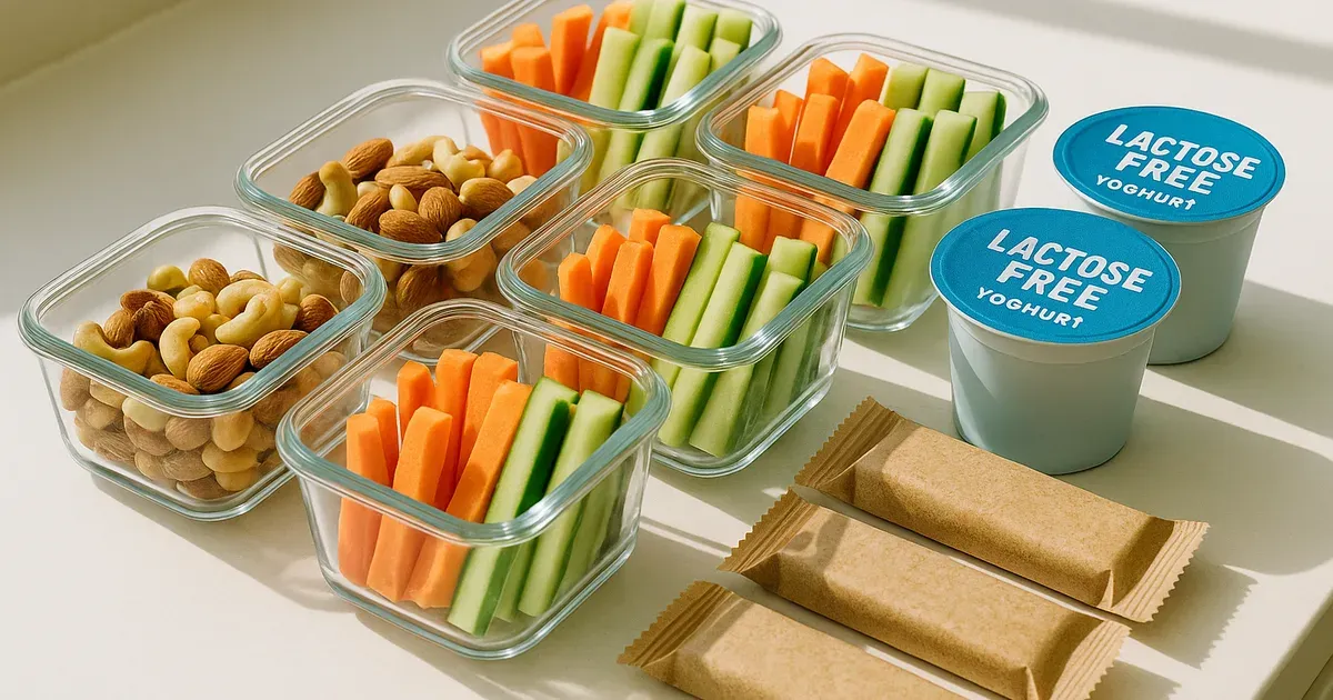 Weekly low FODMAP snack prep with portioned nuts, vegetables and yoghurt in glass containers on a kitchen counter