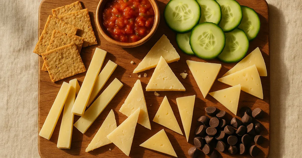 Low FODMAP snack board with cheese, almond flour crackers, salsa and vegetables on a linen tablecloth