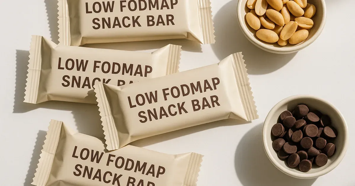 Selection of low FODMAP snack bars arranged on a white surface next to peanuts and dark chocolate chips